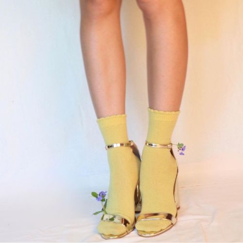 yellow crew socks with gold strap sandals