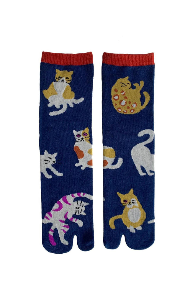Cats Neko Tabi Toe Socks by NINJA SOCKS in the color Blue with various patterns of cats
