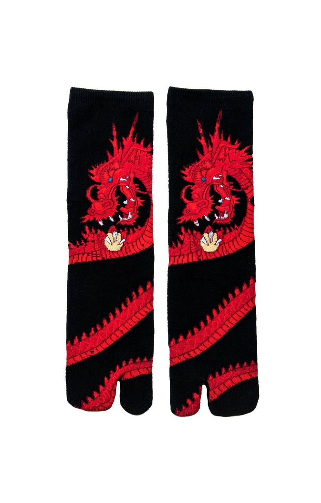 This is a photo of NINJA SOCKS' product name DRAGON TABI SOCKS Red with a dragon design