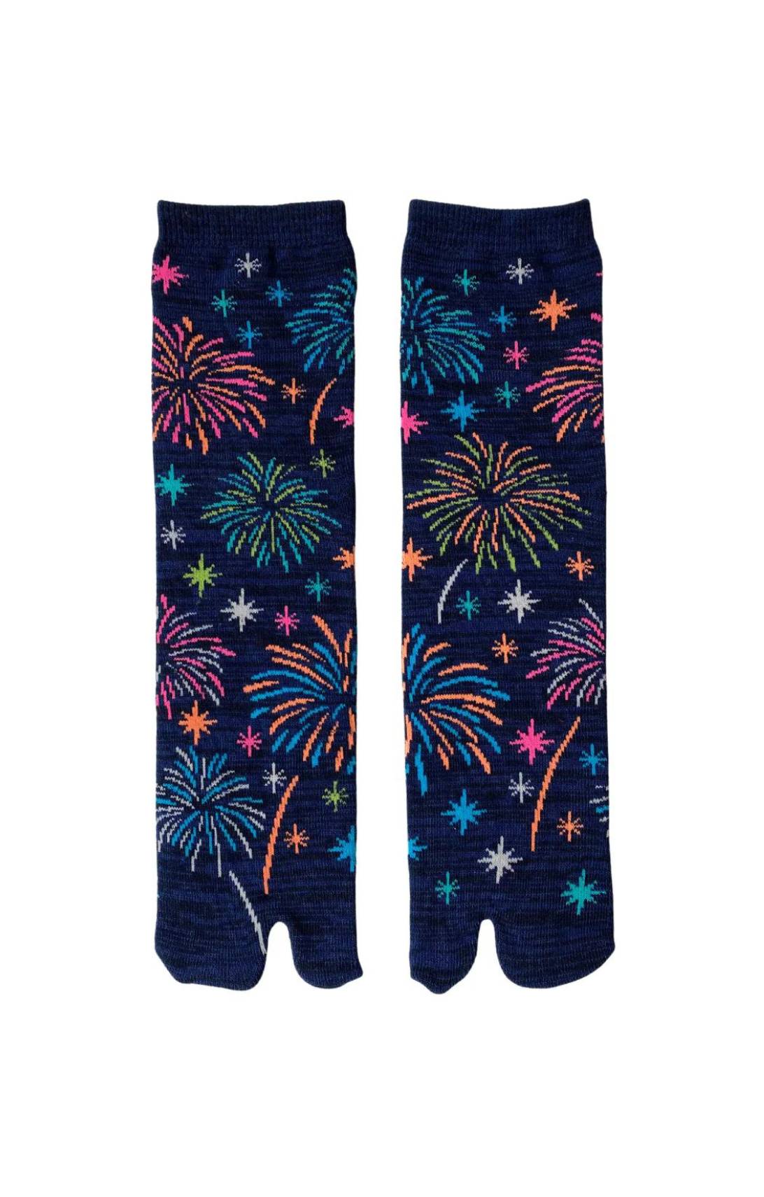Socks by NINJA SOCKS under the trade name Hanabi Fire Works Tabi Toe Socks, front view in Navy color with colorful fireworks design