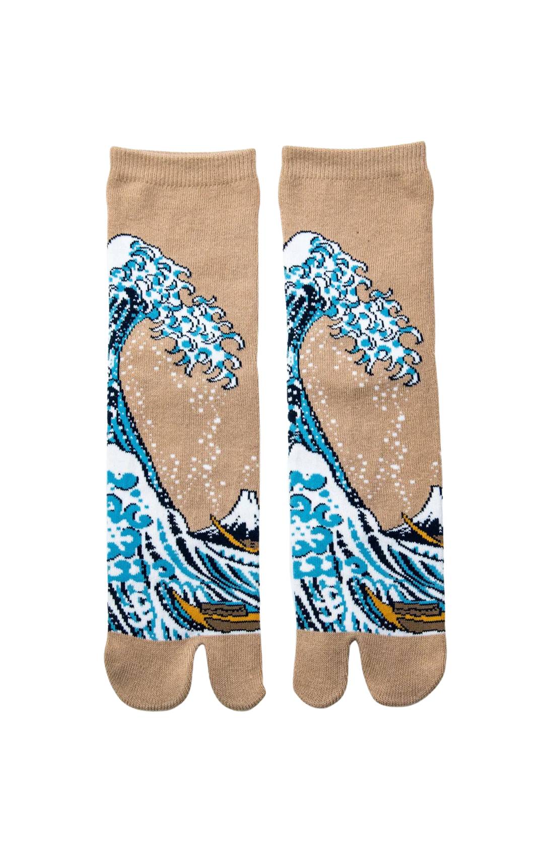 This is a photo of the product name Hokusai The Great Wave Tabi Socks Taupe, which is inspired by a painting by Hokusai Katsushika of Japan by NINJA SOCKS