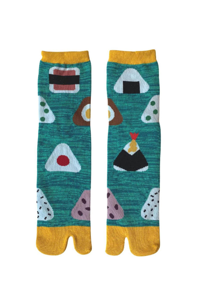 EMERALD HEATHER/YELL color front with various kinds of onigiri designs on socks named Rice Bowl Onigiri Tabi Toe Socks by NINJA SOCKS