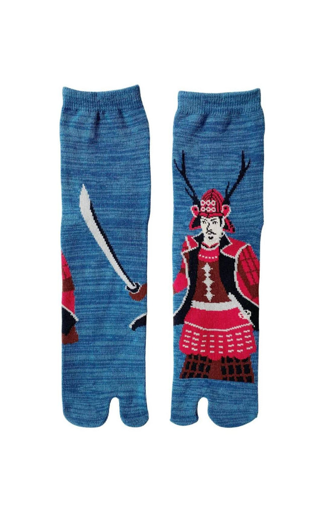 NINJA SOCKS' Samurai Warrior Tabi Toe Socks with a design of a samurai holding a sword on the front in BLUE HEATHER color