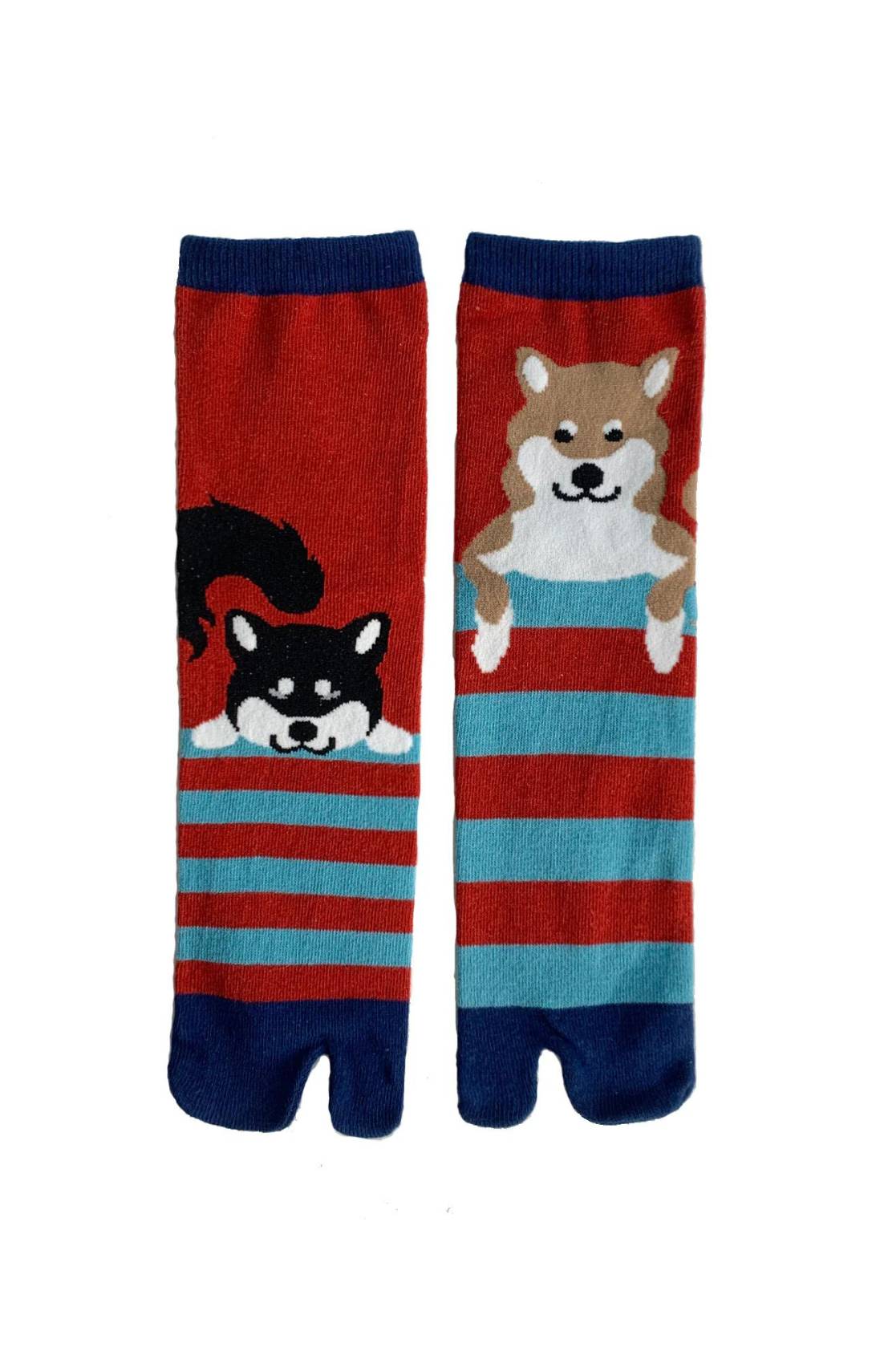 Red color of NINJA SOCKS' Shiba Inu Tabi Socks product, with the pattern of Black Shiba and Red Shiba on the right and left