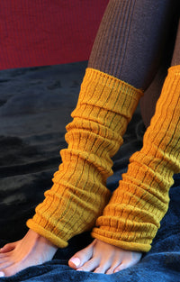 Woman's leg in mustard color with Wool Blend Ribbed Leg Warmer by Tabbisocks