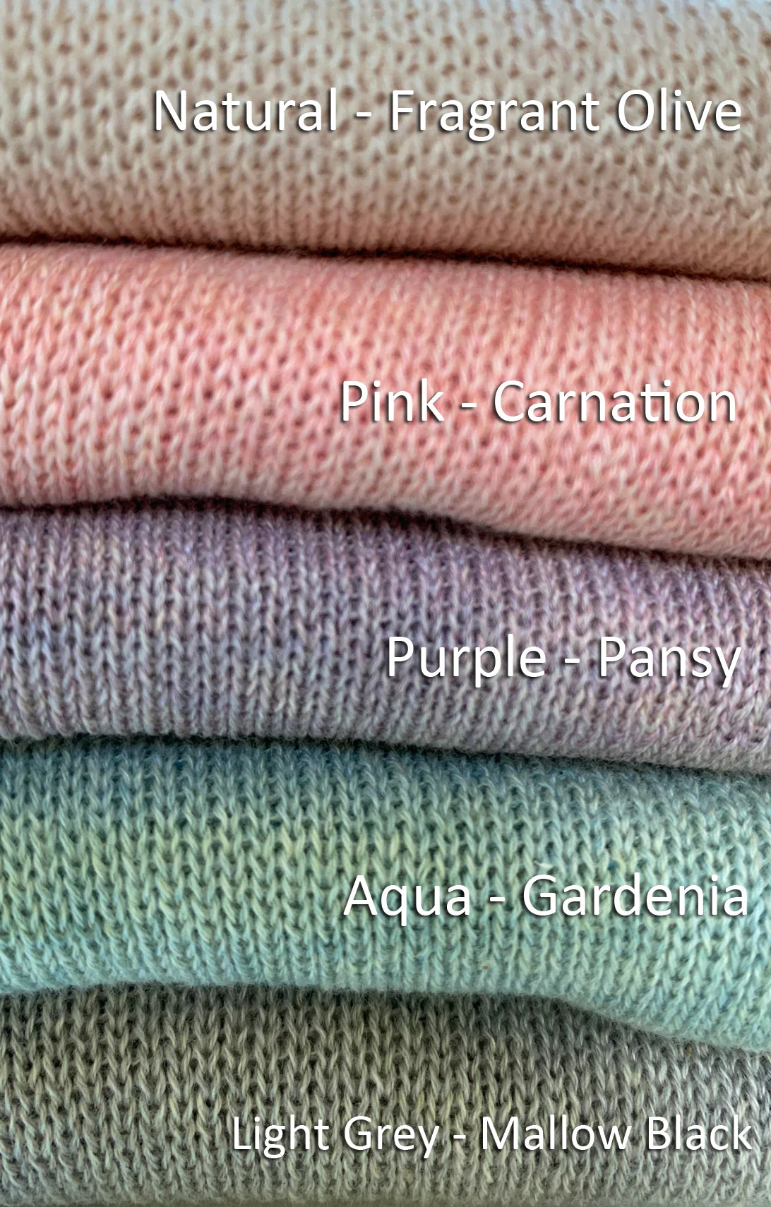 Five color samples of Tabi Socks Wellness botanically dyed organic cotton gloves in natural, pink, purple, aqua, and light gray colors