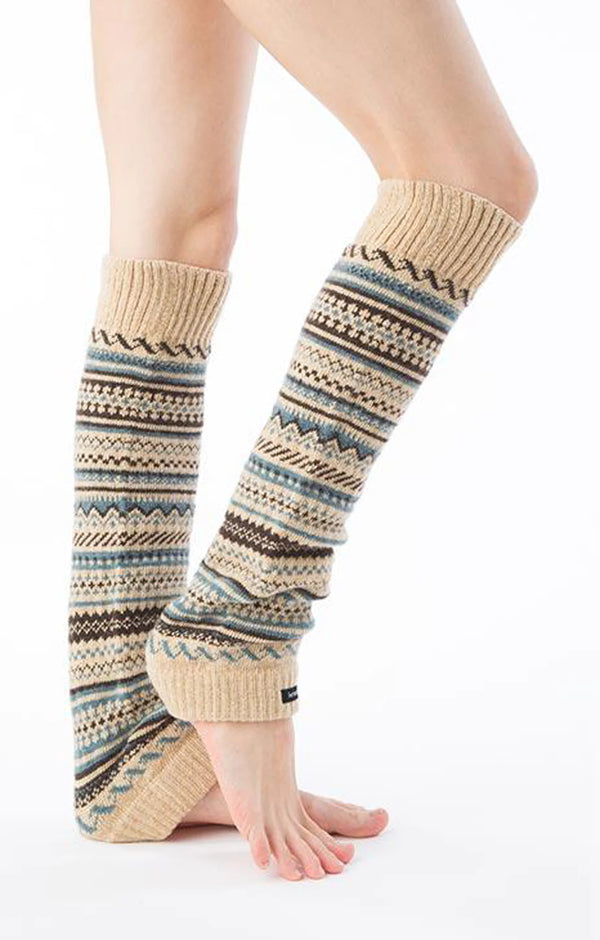 This is a photo of a woman's leg wearing the brand name Knitido+ product Wool Blend Fair Isle Leg Warmer in the colors BEIGE/DUSTY AQUA/MOCHA