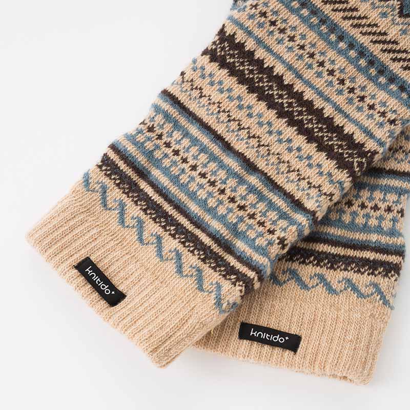 This is an enlarged photo of the brand name Knitido+'s product Wool Blend Fair Isle Leg Warmer in the colors BEIGE/DUSTY AQUA/MOCHA