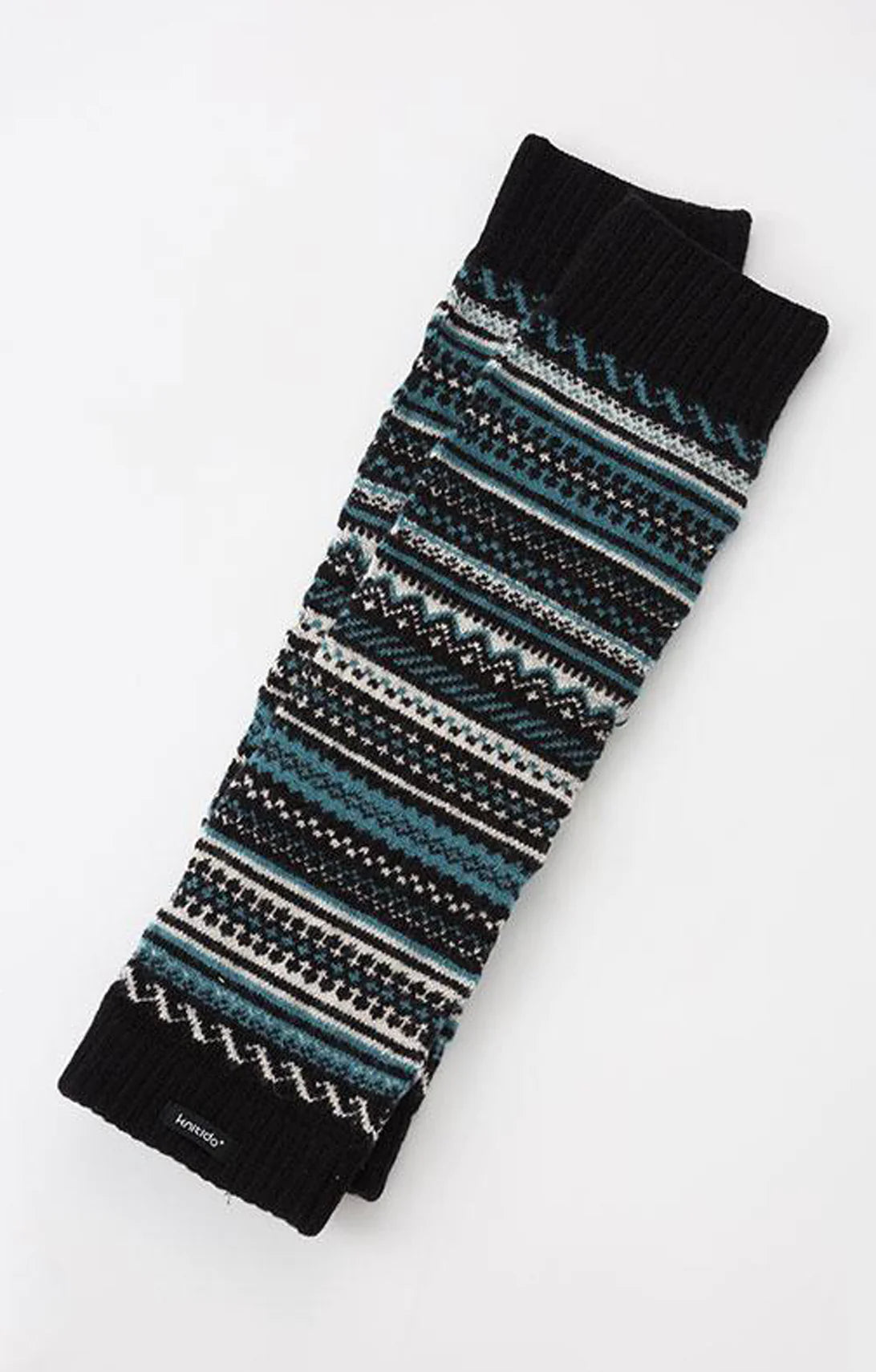 This is a photo of the product name Wool Blend Fair Isle Leg Warmer in BLACK/TEAL/WHITE colors under the brand name Knitido+.