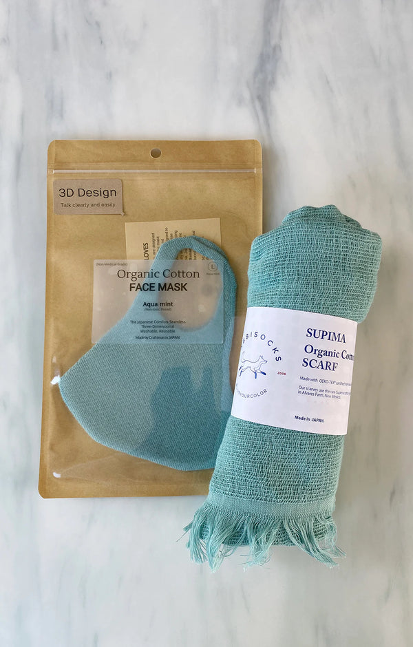 Tabbisocks Wellness Set of Organic Cotton Mask and Scarf in Aqua Mint