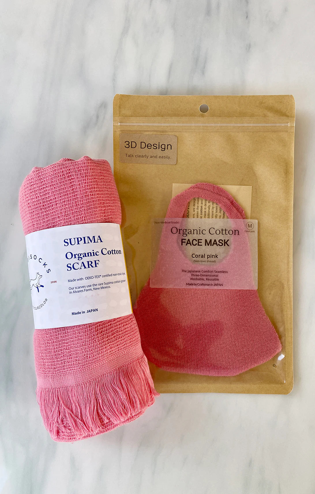 Tabbisocks Wellness Set of Organic Cotton Mask and Scarf in Coral Pink