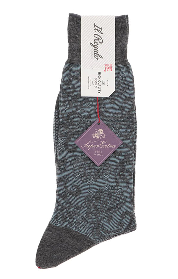 Il Regalo's Jacquard Paisley Super Extra Fine Wool Mid-Calf Socks in 96-Grey