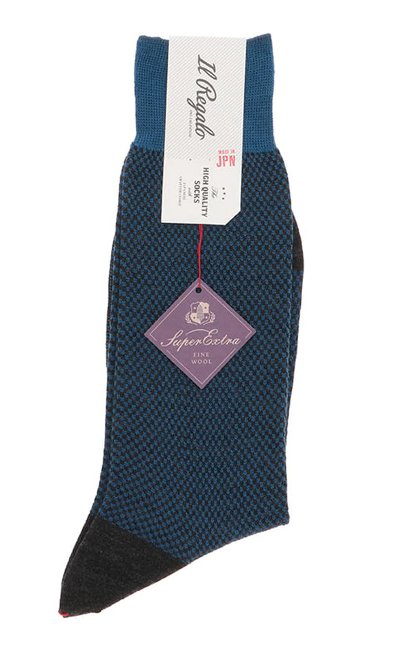 Il Regalo's Small Grid Super Extra Fine Wool Mid-Calf Socks in Blue