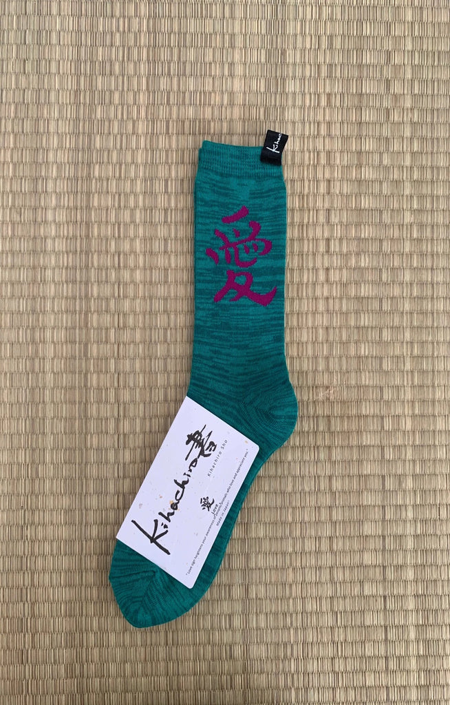 Kihachiro Sho's Love Lucky Kanji Calligraphy Socks in Green/Fuchisia