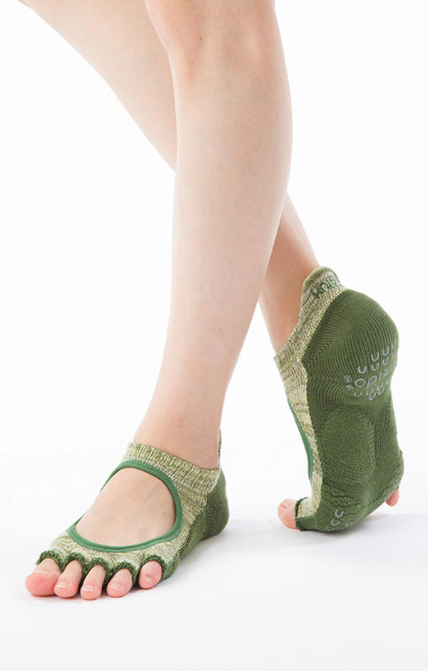 The brand name Knitido plus's HEATHER OPEN TOE FOOTIE GRIP SOCKS WITH *POWER PADS* in Olive color
