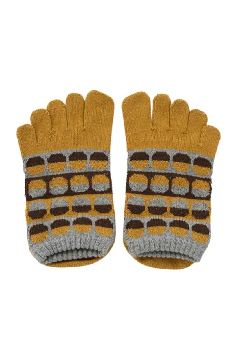 Frontal view of Knitido plus brand Moon Phase Toe Grip Socks in Mustard color.