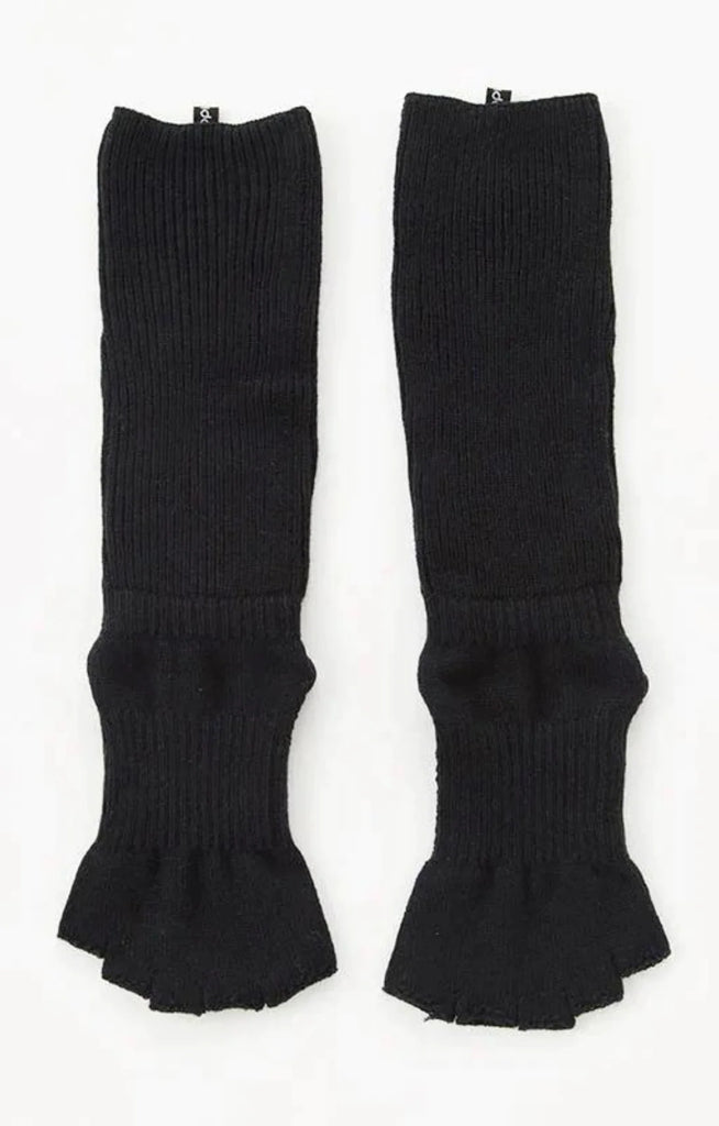 Front side of Knitido plus brand Organic Cotton Botanical Dyed Open Toe and Heel Grip Socks in black color