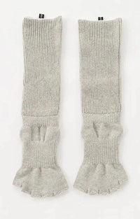 Front side of Knitido plus brand Organic Cotton Botanical Dyed Open Toe and Heel Grip Socks in grey color