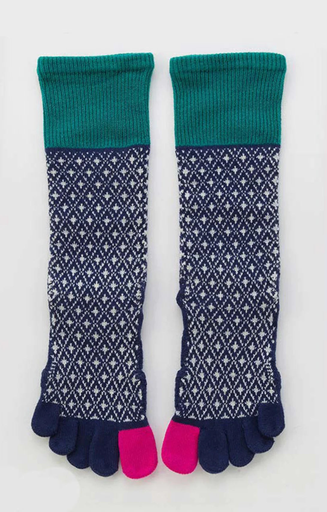 Brand name Knitido plus in the color Navy with the product name Organic Cotton Diamond Midcalf Toe Grip Socks With *Power Pads*
