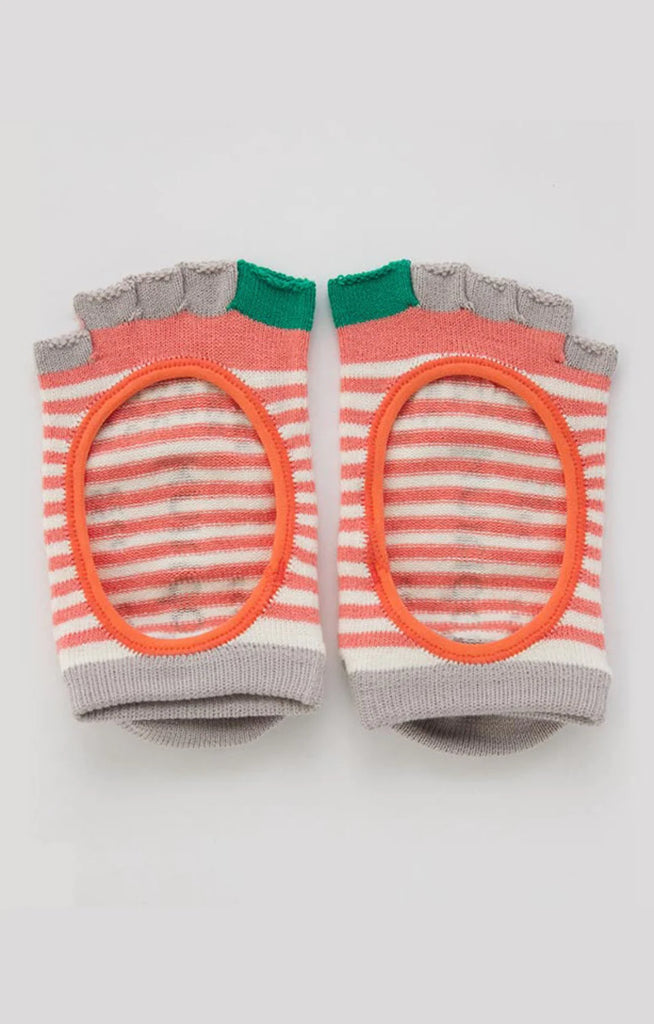 Knitted Plus’s Organic Cotton Stripes Open Toe Grip Liner Socks in coral