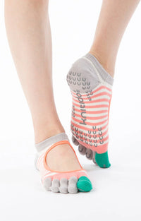 Knitted Plus’s Organic Cotton Striped Toe Liner Grip Socks in Coral