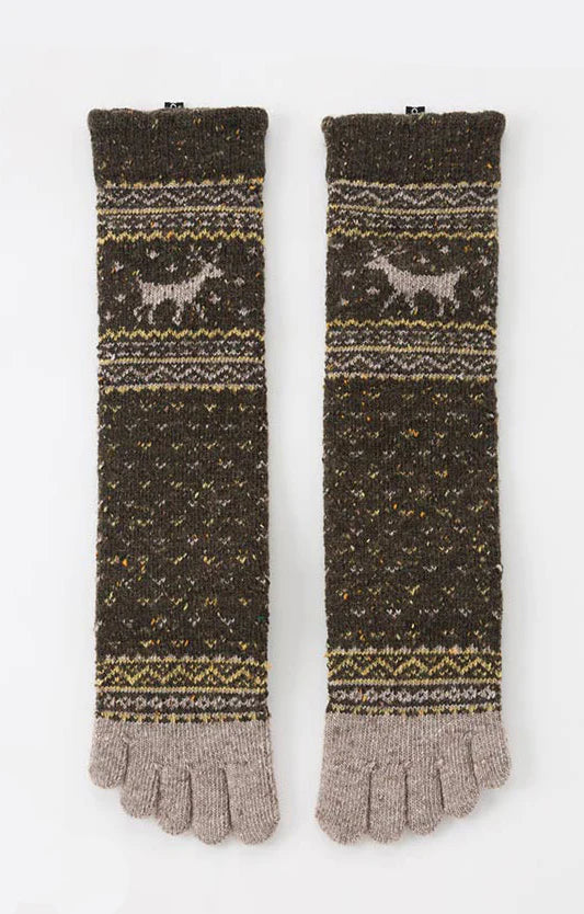 Knitido plus’s Reindeer Nordic Midcalf Wool Toe Socks in olive