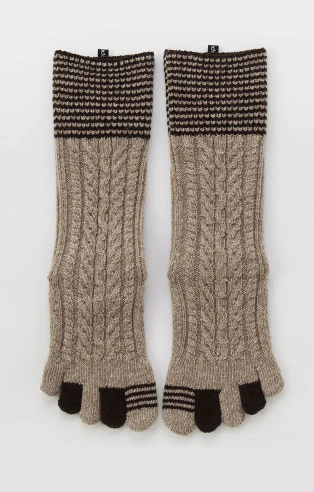 Frontal view of Knitido plus's Wool Blend Cable Striped Midcalf Toe Socks in Beige color
