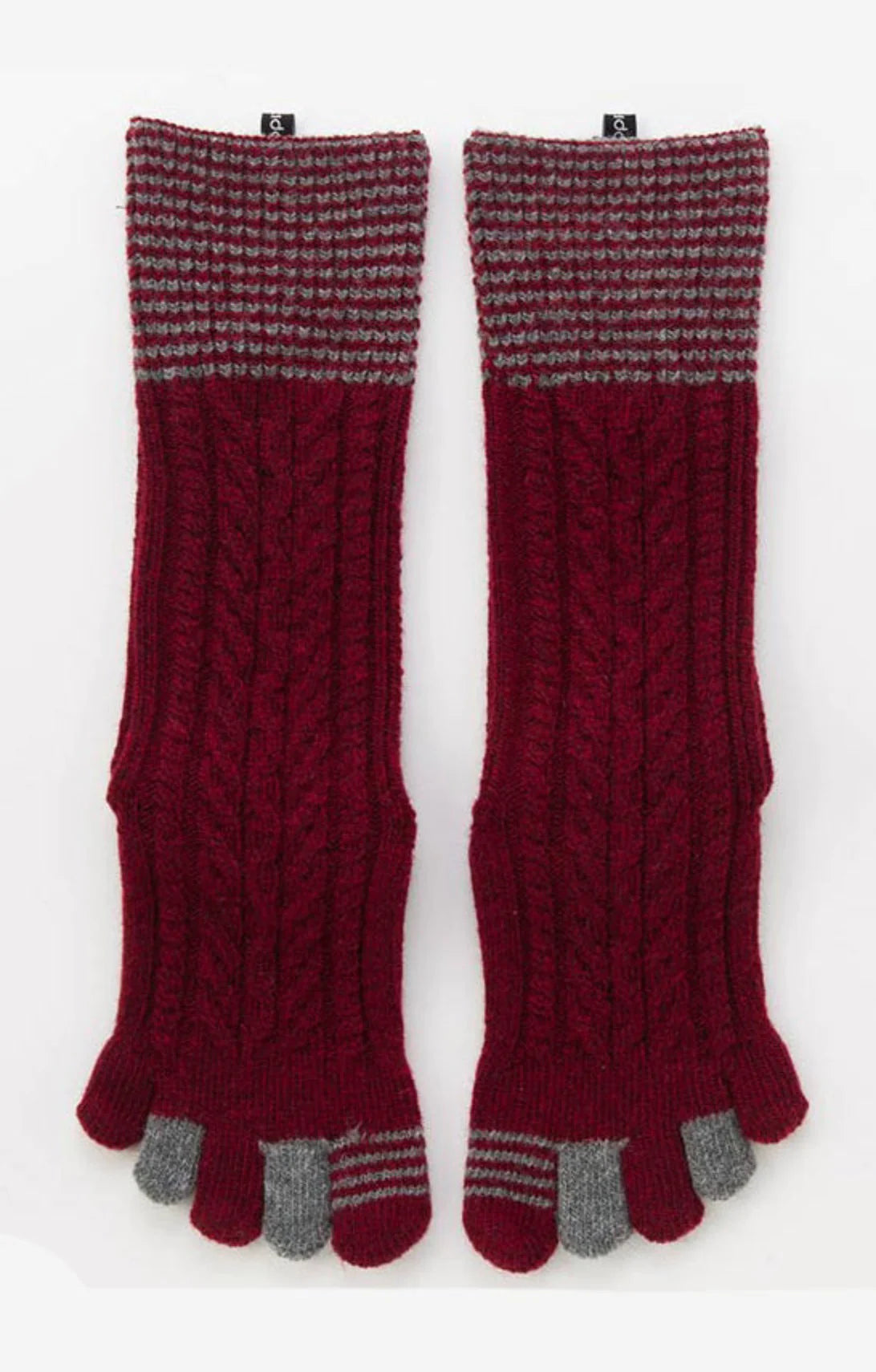 Frontal view of Knitido plus's Wool Blend Cable Striped Midcalf Toe Socks in Dark Red color