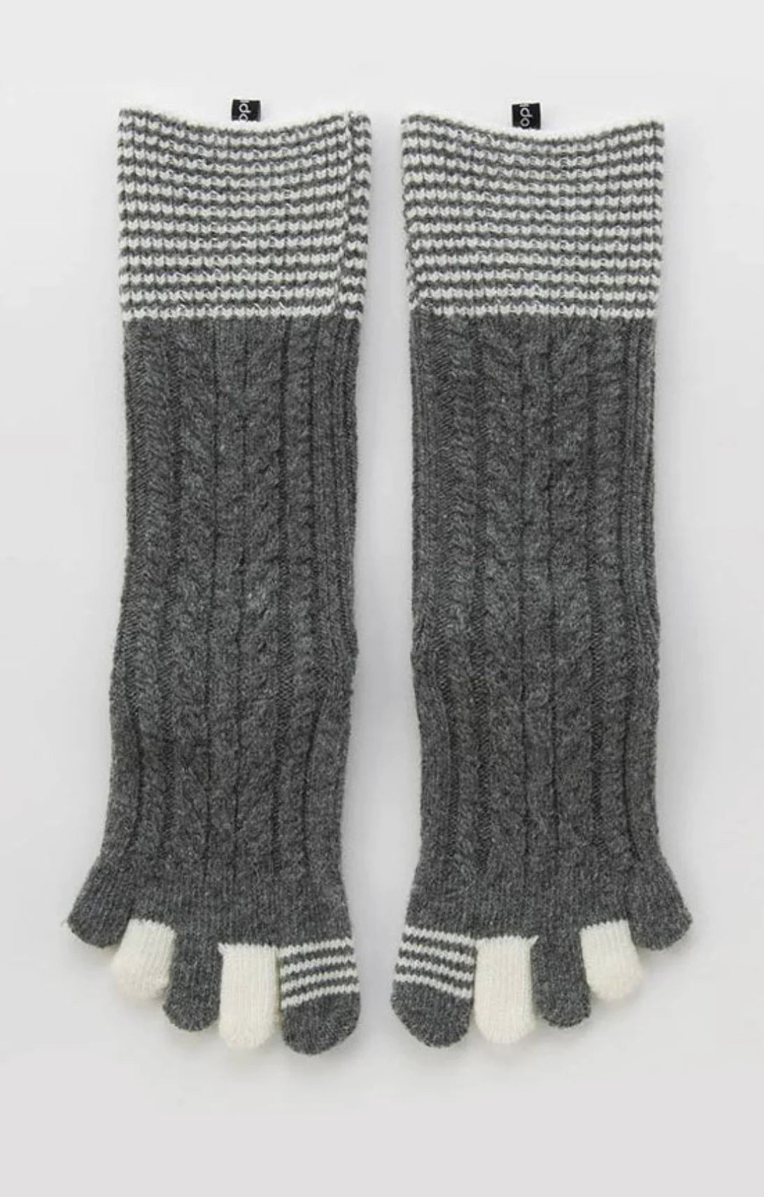 Frontal view of Knitido plus's Wool Blend Cable Striped Midcalf Toe Socks in GREY color