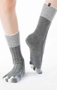 Front view of a leg wearing Knitido plus's Wool Blend Cable Striped Midcalf Toe Socks in GREY color