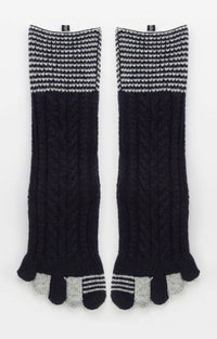 Frontal view of Knitido plus's Wool Blend Cable Striped Midcalf Toe Socks in Navy color