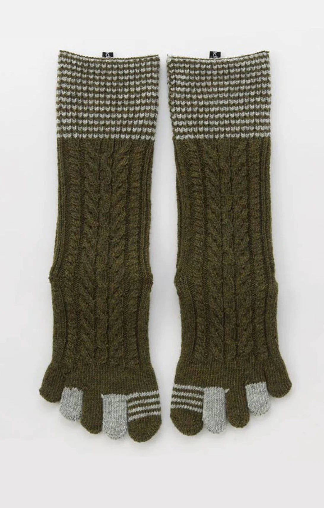 Frontal view of Knitido plus's Wool Blend Cable Striped Midcalf Toe Socks in Olive color