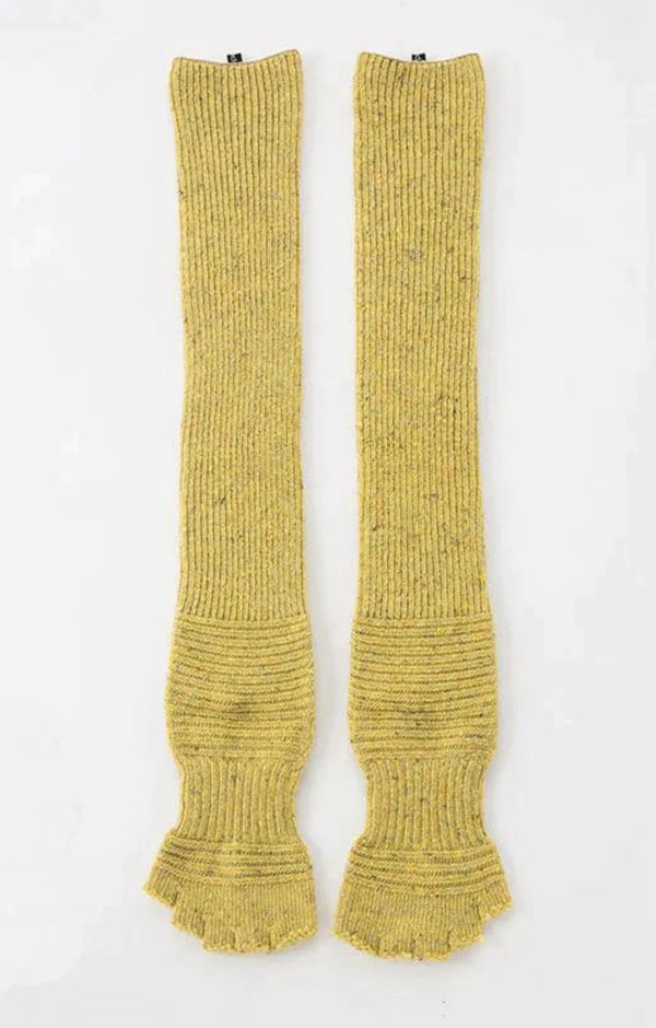 Front elevation photo of Knitido plus brand Wool Blend Confetti Ribbed Open Toe and Heel Socks in mustard-toned BITTER YELLOW