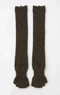 Front elevation photo of Knitido plus brand Wool Blend Confetti Ribbed Open Toe and Heel Socks in Olive color