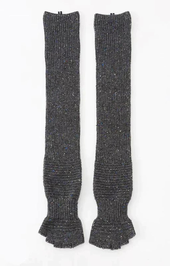 Front side view of Knitido plus brand Wool Blend Confetti Ribbed Open Toe and Heel Socks in Middle Grey