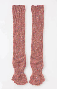 Front elevation photo of Knitido plus brand Wool Blend Confetti Ribbed Open Toe and Heel Socks in pink