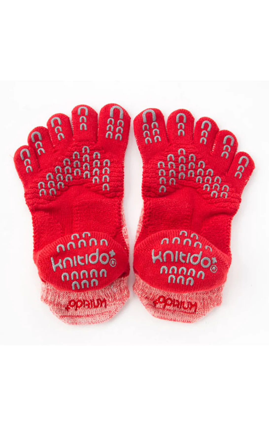 This is a picture of the backside of the brand name Knitido+ product HEATHER FOOTIE TOE GRIP SOCKS WITH *POWER PADS* Red