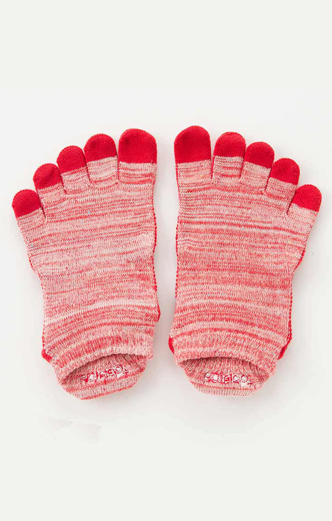 This is a picture of the brand name Knitido+ product HEATHER FOOTIE TOE GRIP SOCKS WITH *POWER PADS* in RED color