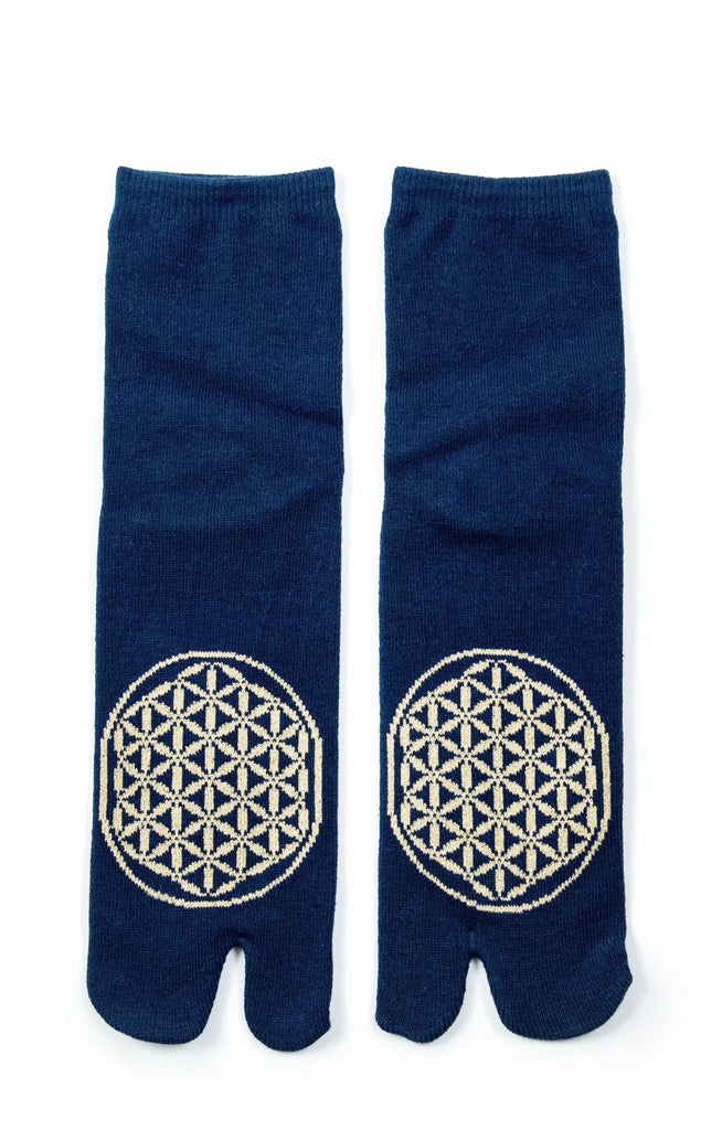 This is a picture of the brand name LOTUS product name Flower Of Life Tabi Toe Socks in NAVY-GOLD color