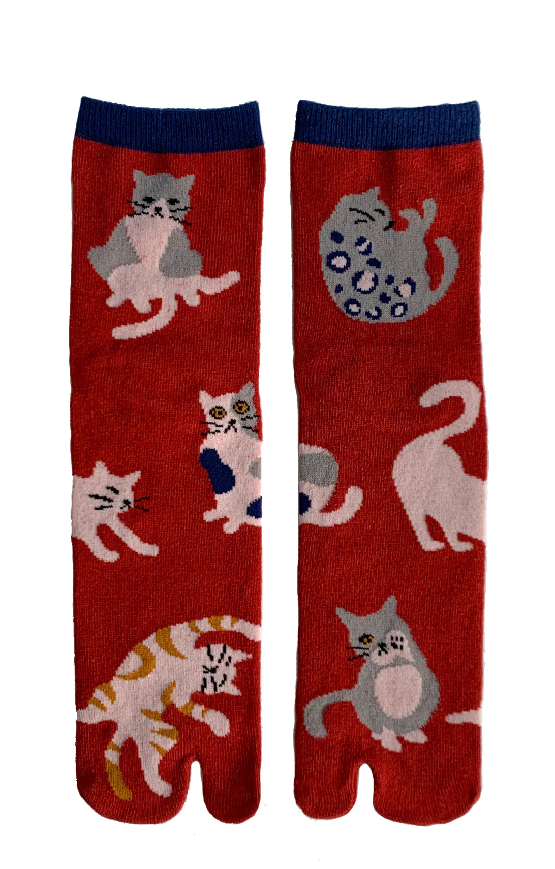 Cats Neko Tabi Toe Socks by NINJA SOCKS in the color Red with various patterns of cats