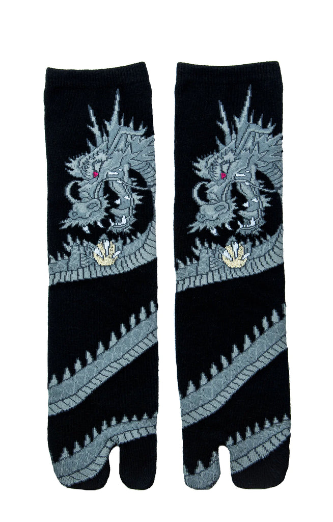 This is a photo of NINJA SOCKS' product name DRAGON TABI SOCKS Grey with a dragon design