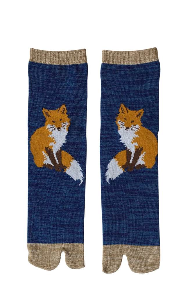 Socks by NINJA SOCKS named Foxy Tabi Toe Socks, front view in NAVY HEATHER color with a design of a fox sitting and looking at us