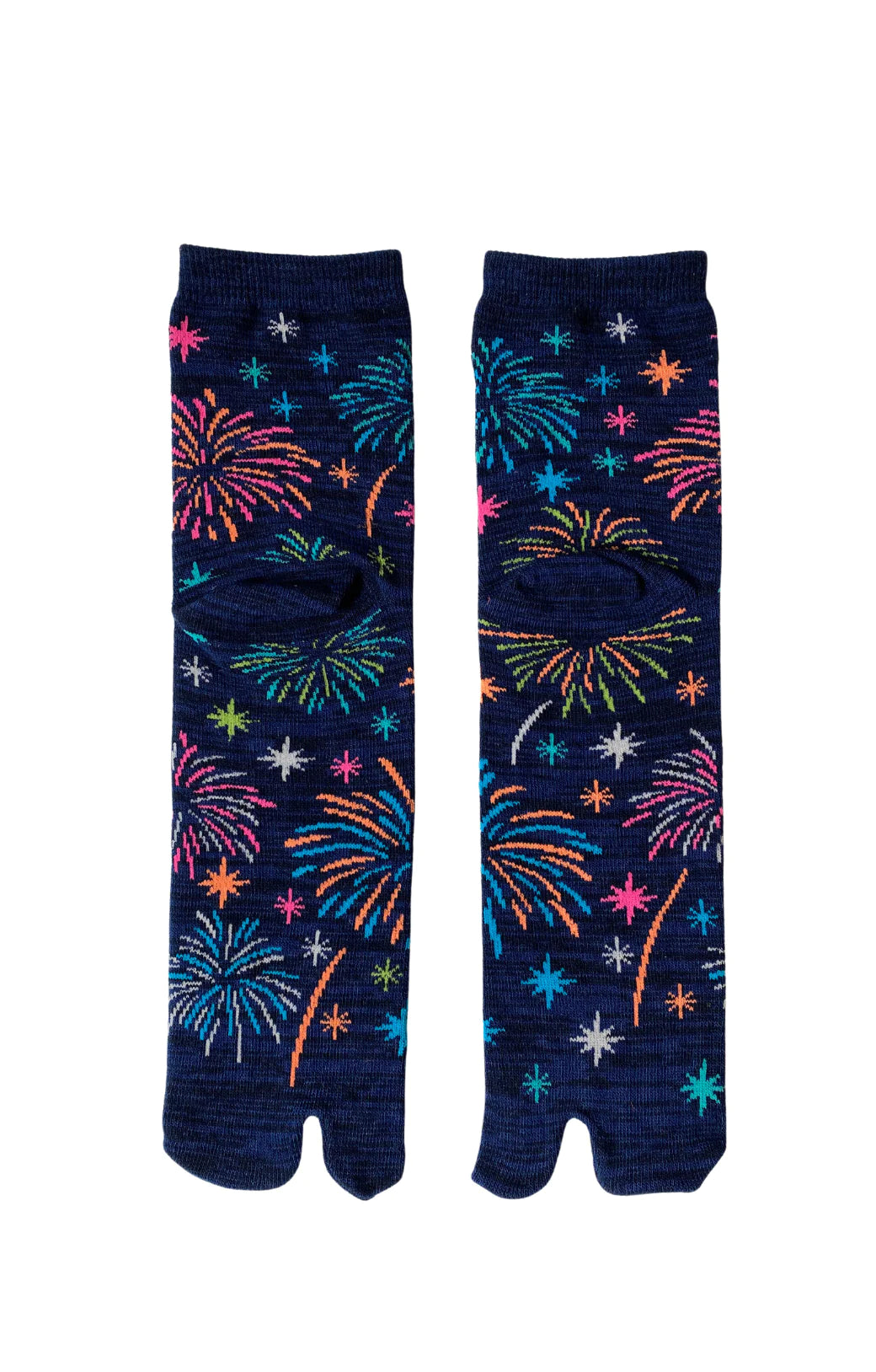 Socks by NINJA SOCKS under the trade name Hanabi Fire Works Tabi Toe Socks, back view in Navy color with colorful fireworks design