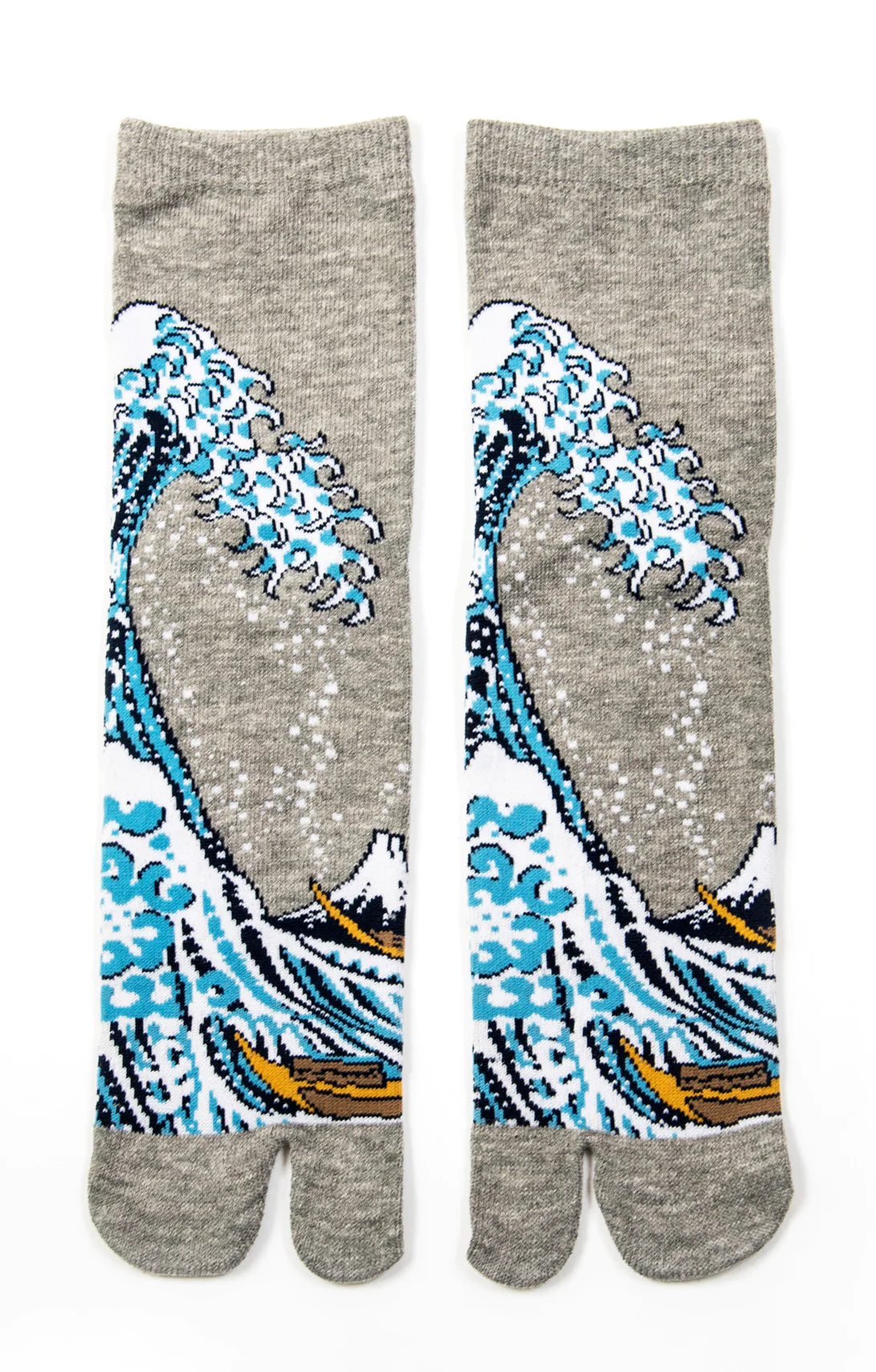 This is a photo of the product name Hokusai The Great Wave Tabi Socks Light Grey, which is inspired by a painting by Hokusai Katsushika of Japan by NINJA SOCKS