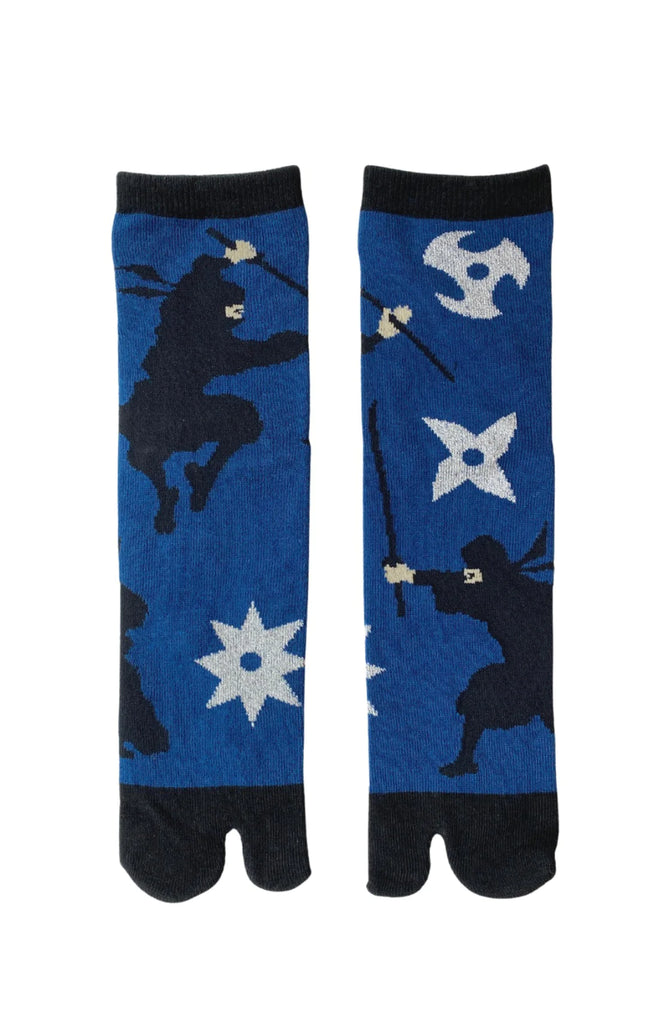Socks with the trade name Ninja Tabi Toe Socks by NINJA SOCKS, front view in BLUE BLACK color with a design of a ninja fighting with a sword