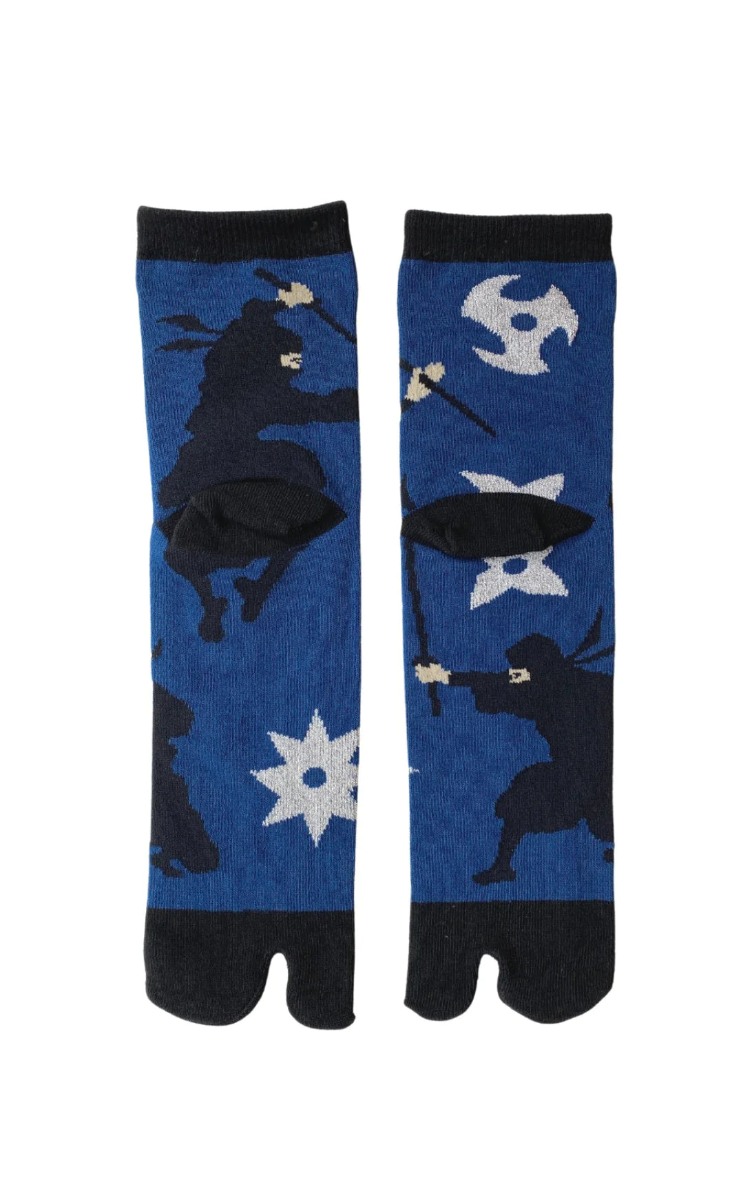 Socks with the trade name Ninja Tabi Toe Socks by NINJA SOCKS, back view in BLUE BLACK color with a design of a ninja fighting with a sword