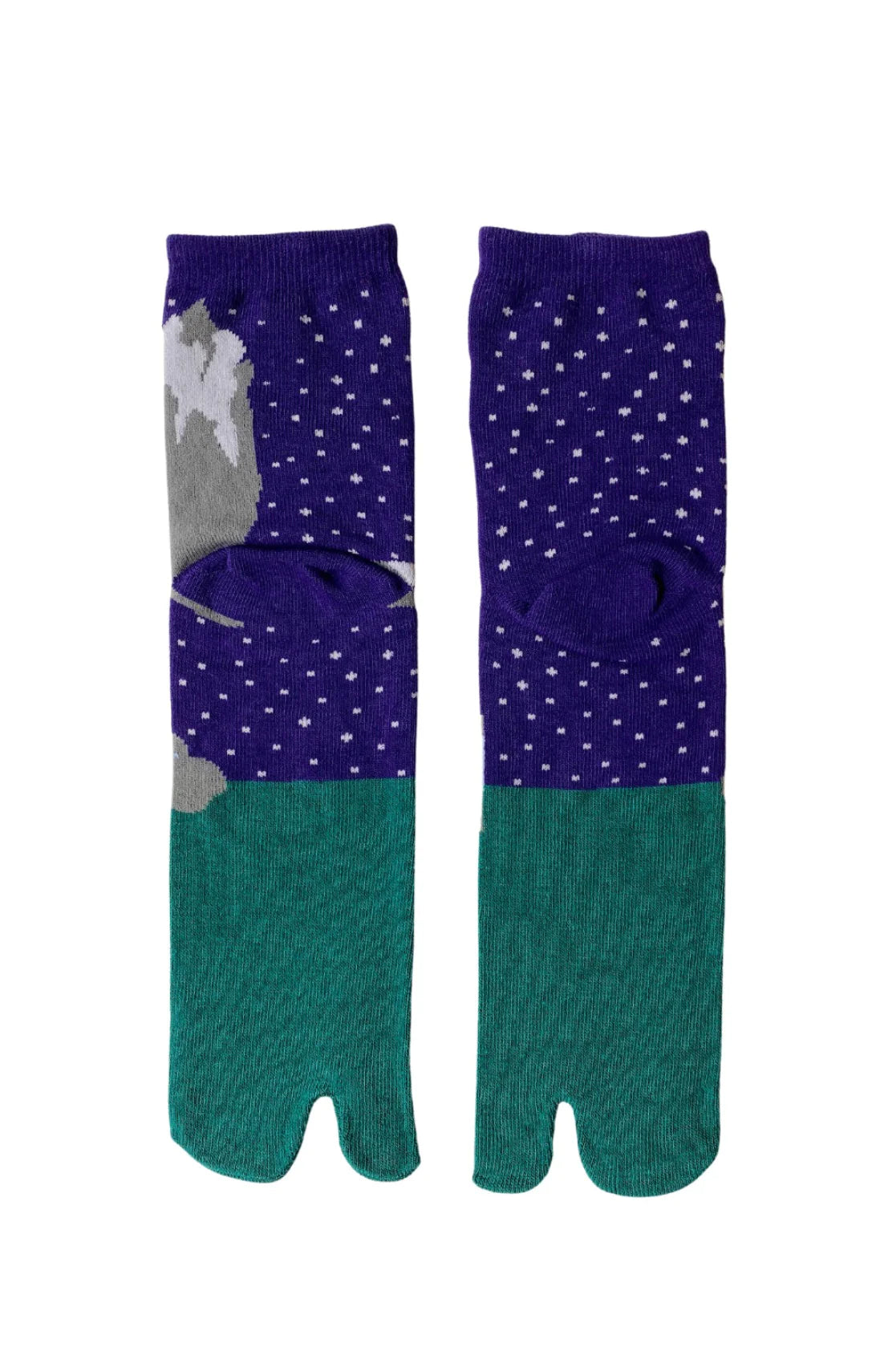 Socks by NINJA SOCKS named Onsen Monkey Saru Tabi Toe Socks, back view in PURPLE GREEN color with a design of a monkey in a hot spring