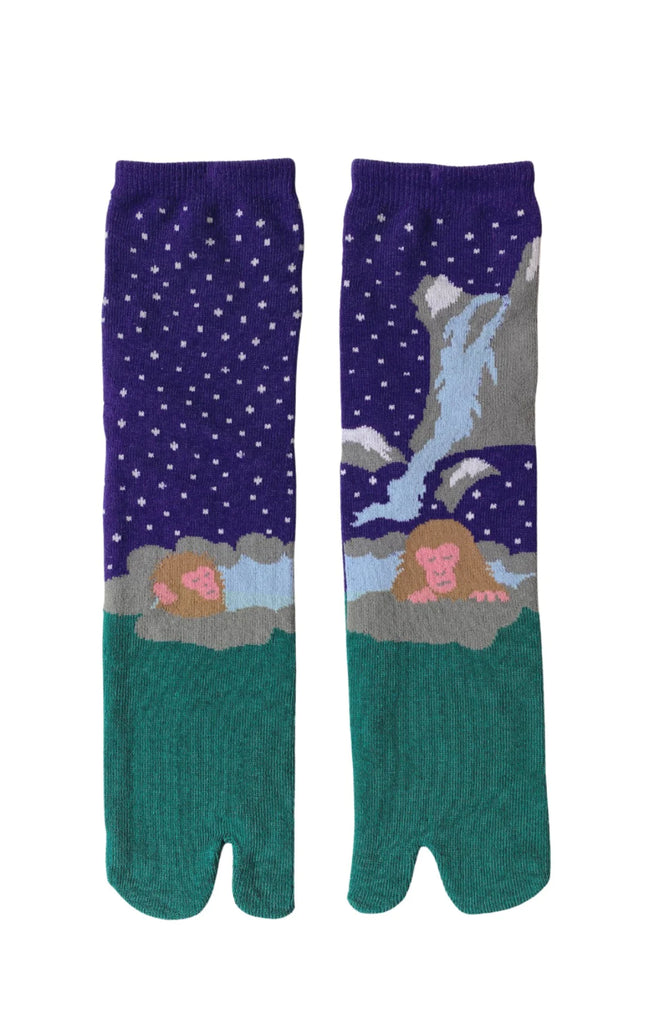 Socks by NINJA SOCKS named Onsen Monkey Saru Tabi Toe Socks, front view in PURPLE GREEN color with a design of a monkey in a hot spring
