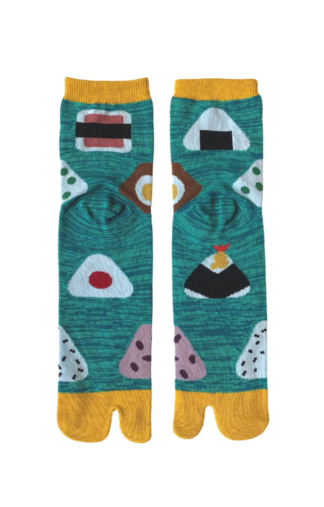 EMERALD HEATHER/YELL color back with various kinds of onigiri designs on socks named Rice Bowl Onigiri Tabi Toe Socks by NINJA SOCKS