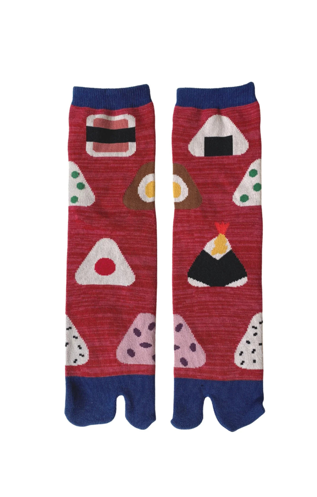 Socks by NINJA SOCKS named Rice Bowl Onigiri Tabi Toe Socks, seen from the back in RED PINK HEATHER/NAVY color with various kinds of onigiri designs